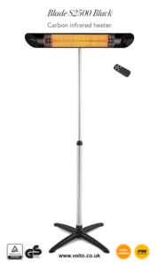 Veito Blade S2500 Black indoor and outdoor patio heater with stand.